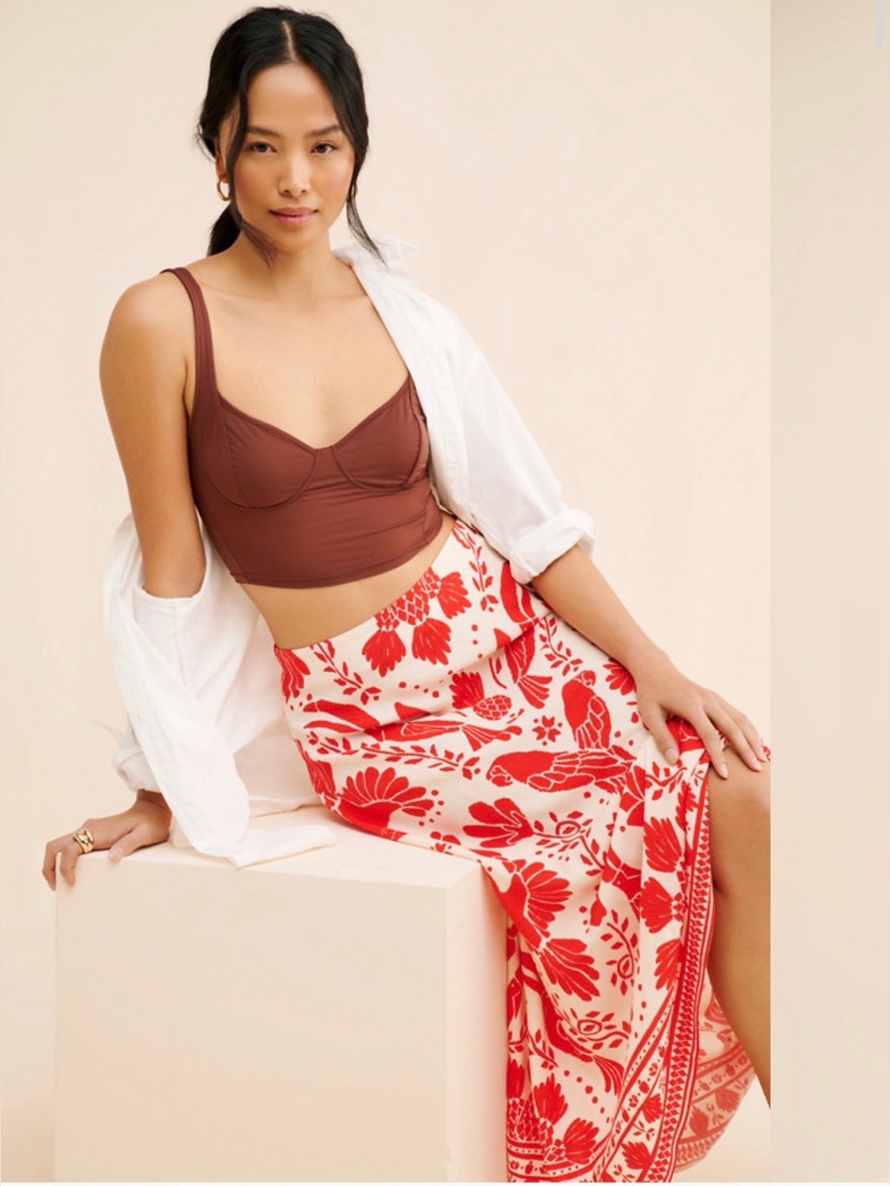 Farm Rio Tropical Novelty Slip Midi Skirt Red Bird Floral Print size medium